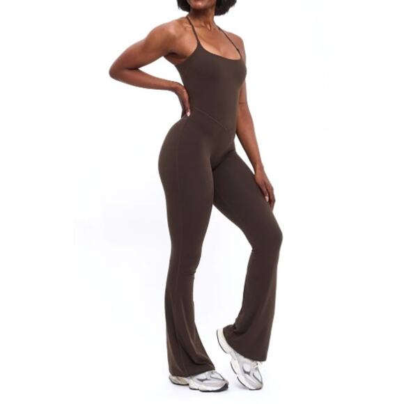 BuffBunny Collection Legacy Flare Bodysuit Cold Brew Open Back Wide Leg Jumpsuit - Picture 1 of 11